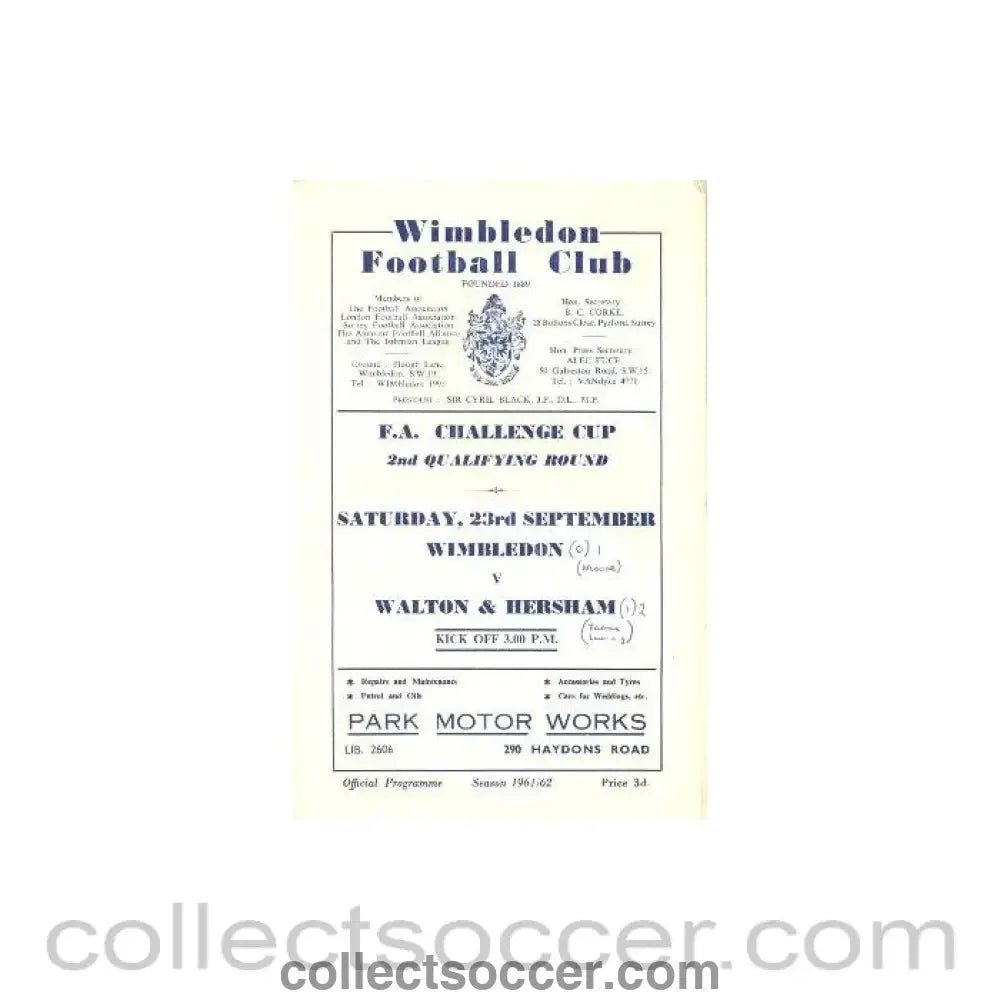 1961 - Wimbledon v Walton & Hersham official programme 23/09/1961 - Collect Soccer