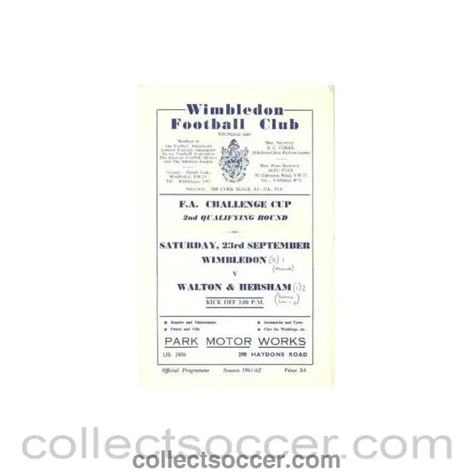 1961 - Wimbledon v Walton & Hersham official programme 23/09/1961 - Collect Soccer
