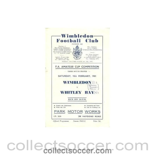 1961 - Wimbledon v Whitley Bay official programme 18/02/1961 - Collect Soccer