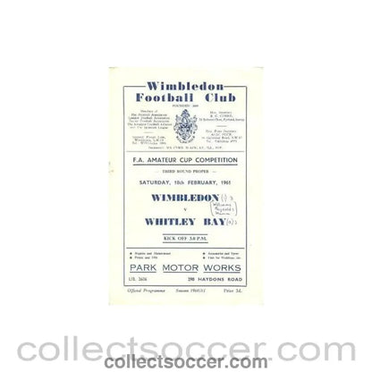 1961 - Wimbledon v Whitley Bay official programme 18/02/1961 - Collect Soccer