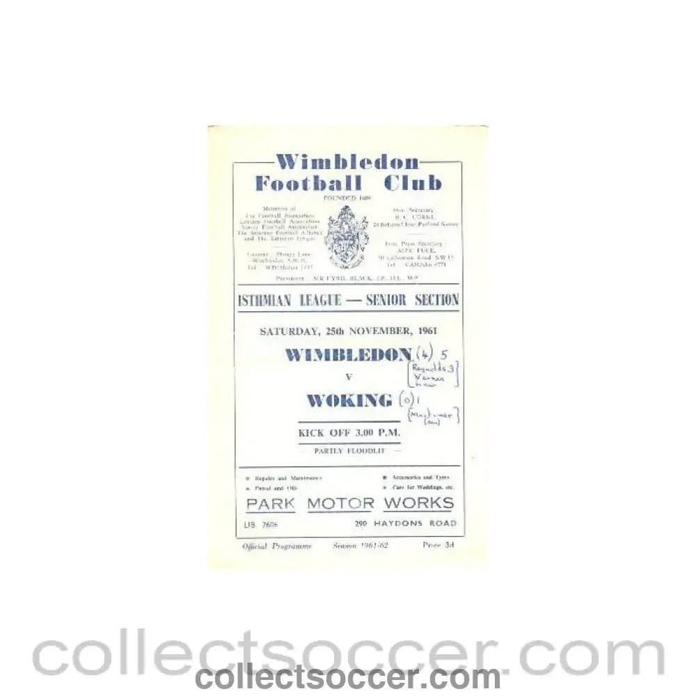 1961 - Wimbledon v Woking official programme 25/11/1961 - Collect Soccer