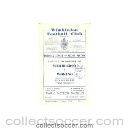 1961 - Wimbledon v Woking official programme 25/11/1961 - Collect Soccer