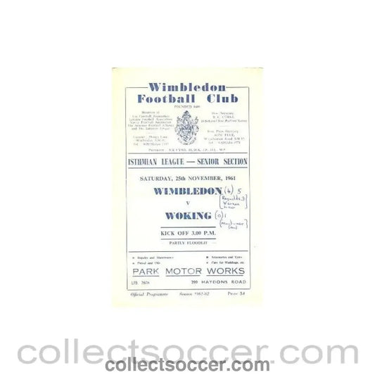 1961 - Wimbledon v Woking official programme 25/11/1961 - Collect Soccer