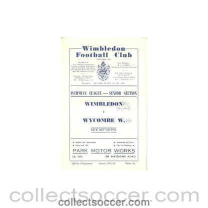 1961 - Wimbledon v Wycombe Wanderers Isthmian League - Senior Section official programme 14/10/1961 - Collect Soccer