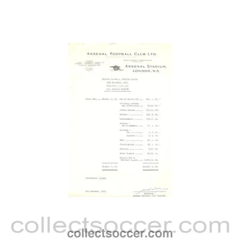 1962 - Arsenal Stadium bill, originally signed by the Secretary of Arsenal FC 06/12/1962 - Collect Soccer