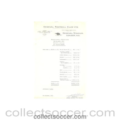 1962 - Arsenal Stadium bill, originally signed by the Secretary of Arsenal FC 06/12/1962 - Collect Soccer