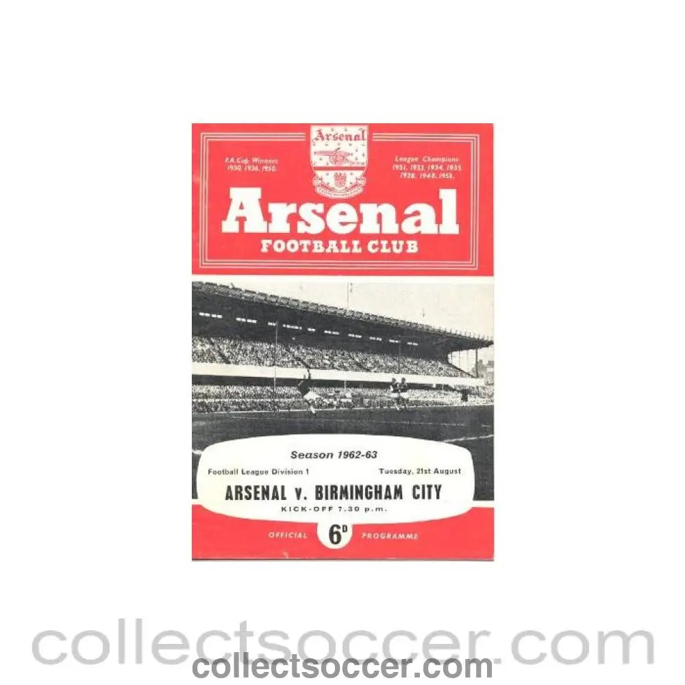 1962 - Arsenal v Birmingham City official programme 21/08/1962 - Collect Soccer