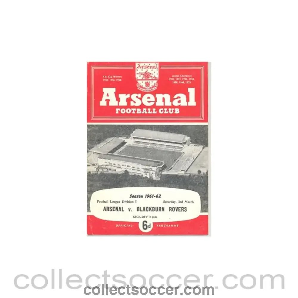 1962 - Arsenal v Blackburn Rovers official programme 03/03/1962 - Collect Soccer