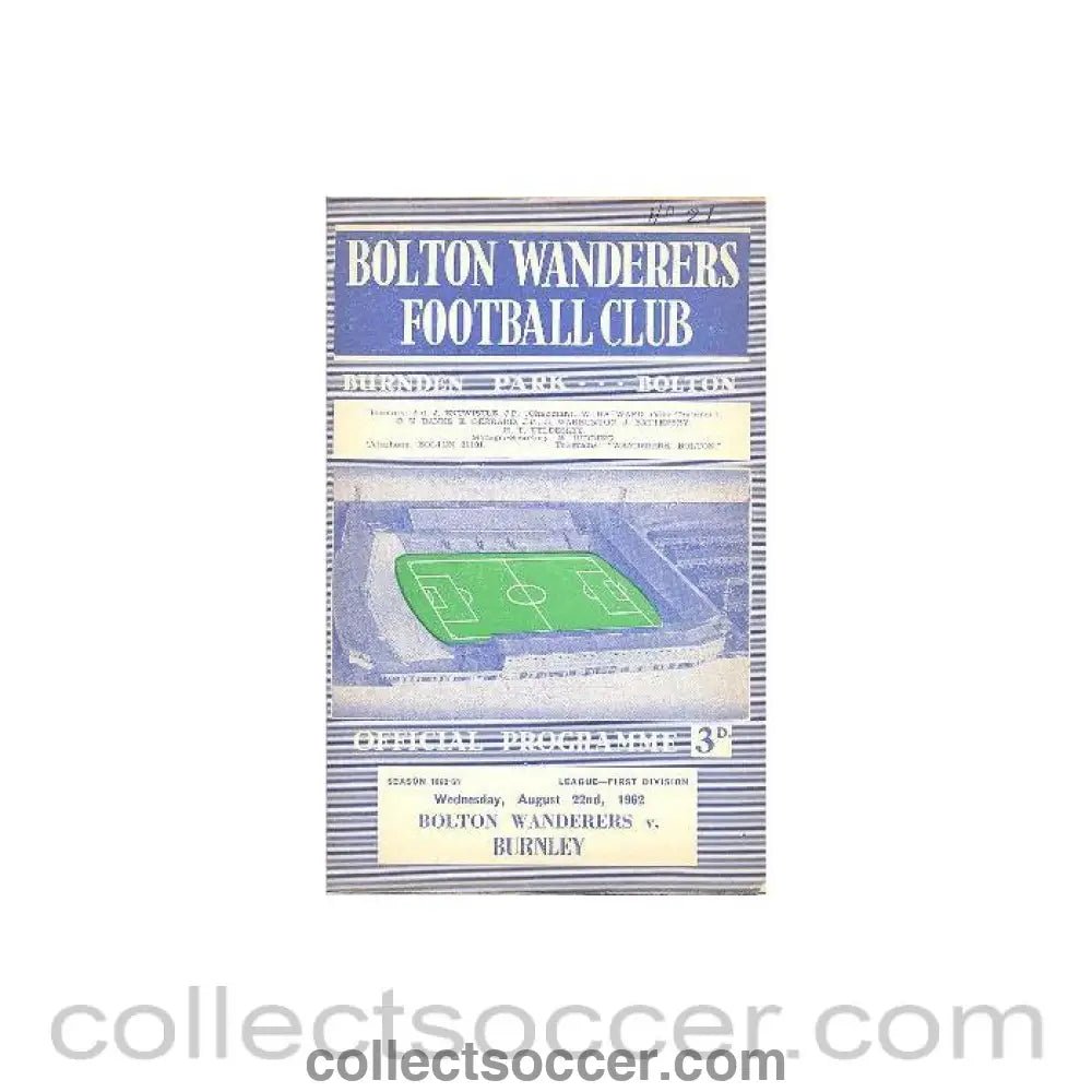 1962 - Bolton Wanderers v Burnley official programme 22/08/1962 - Collect Soccer