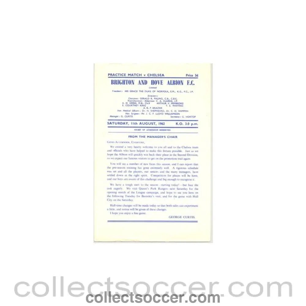 1962 - Brighton and Hove Albion v Chelsea practice match 11/08/1962 - Collect Soccer