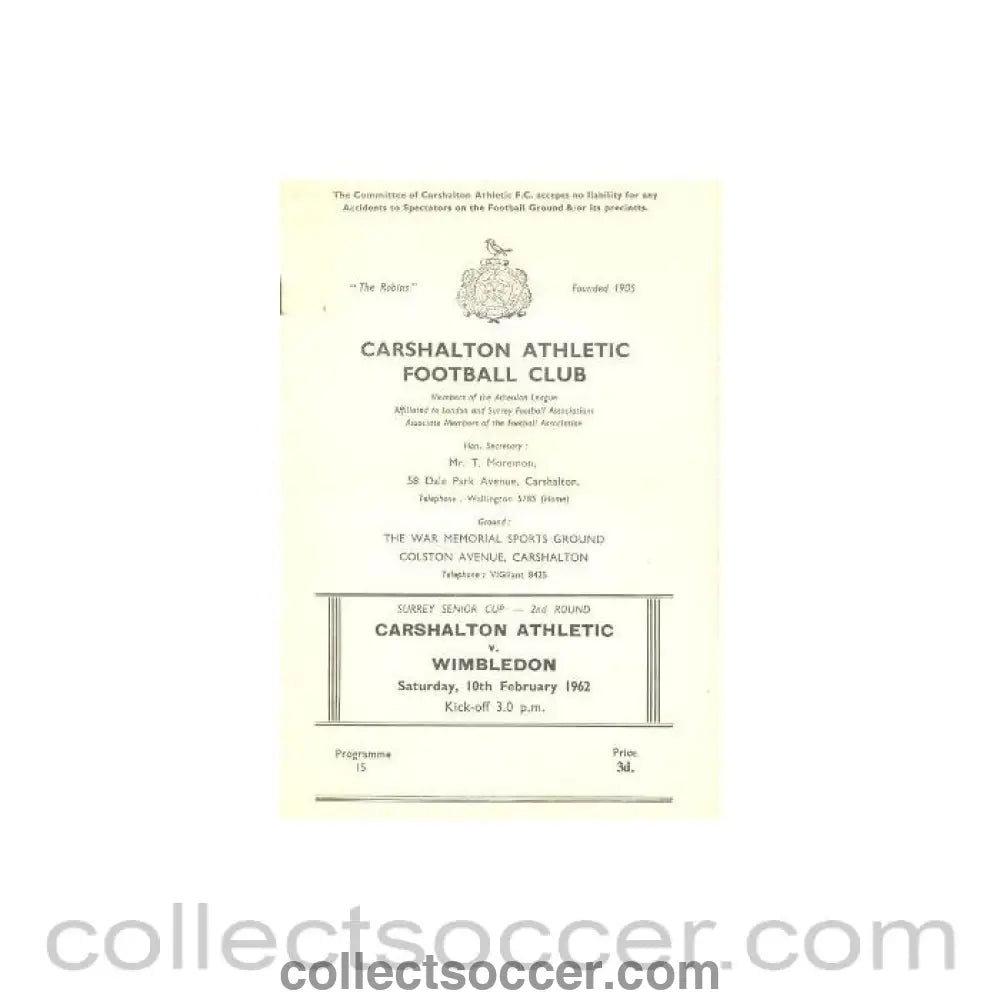 1962 - Carshalton Athletic v Wimbledon official programme 10/02/1962