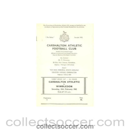 1962 - Carshalton Athletic v Wimbledon official programme 10/02/1962