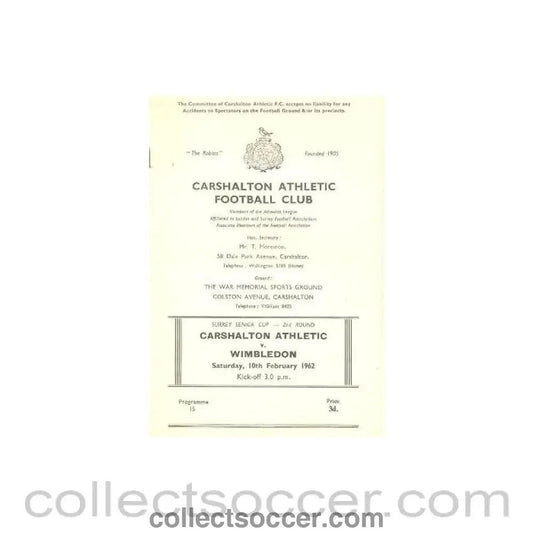 1962 - Carshalton Athletic v Wimbledon official programme 10/02/1962 - Collect Soccer