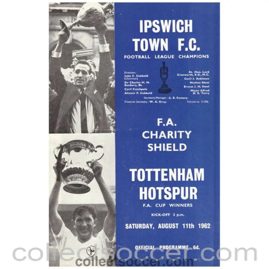 1962 Charity Shield Official Programme Ipswich Town v Tottenham Hotspur - Collect Soccer