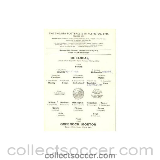 1962 - Chelsea v Greenock Morton official programme 29/10/1962 First Team Friendly