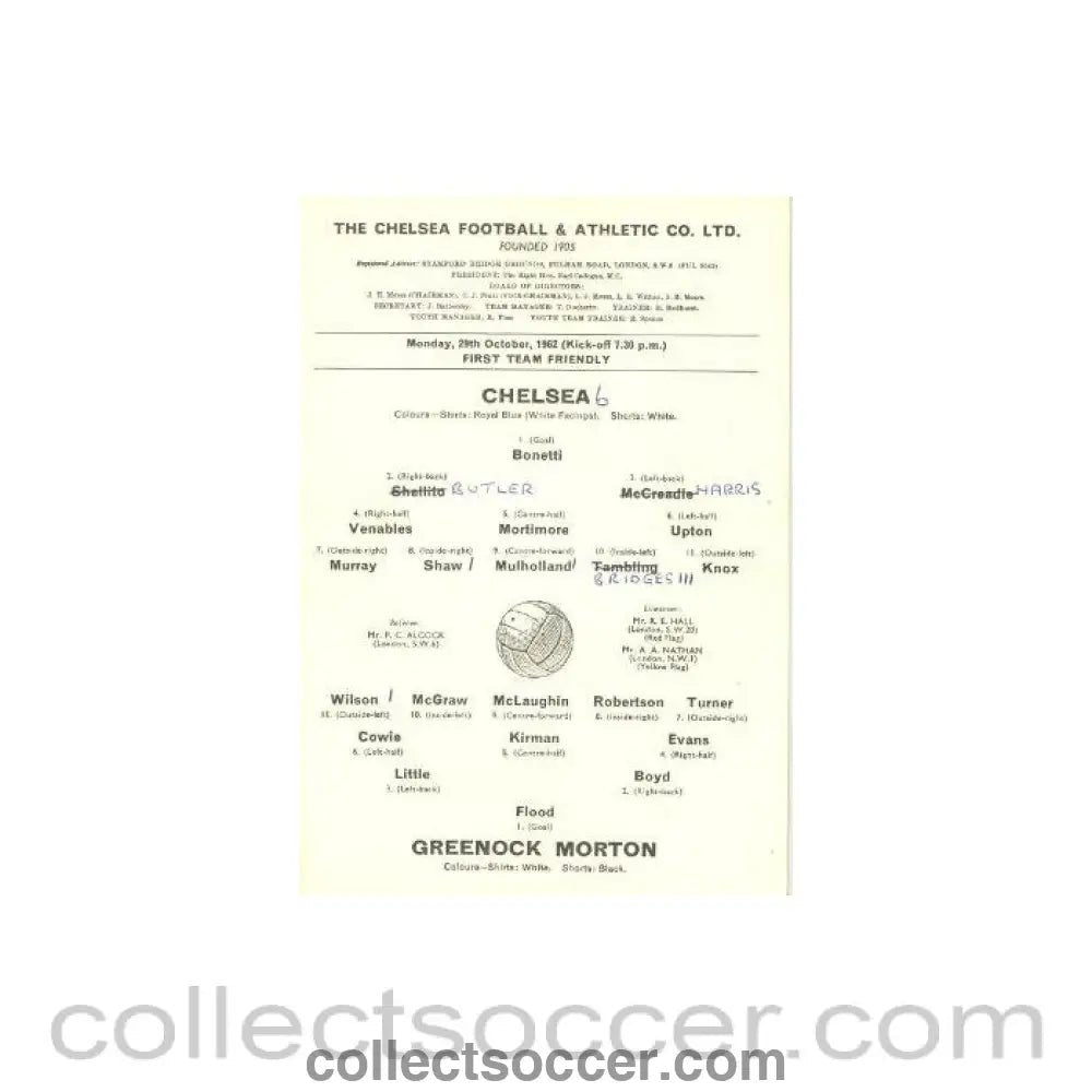 1962 - Chelsea v Greenock Morton official programme 29/10/1962 First Team Friendly - Collect Soccer