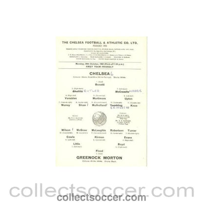 1962 - Chelsea v Greenock Morton official programme 29/10/1962 First Team Friendly - Collect Soccer