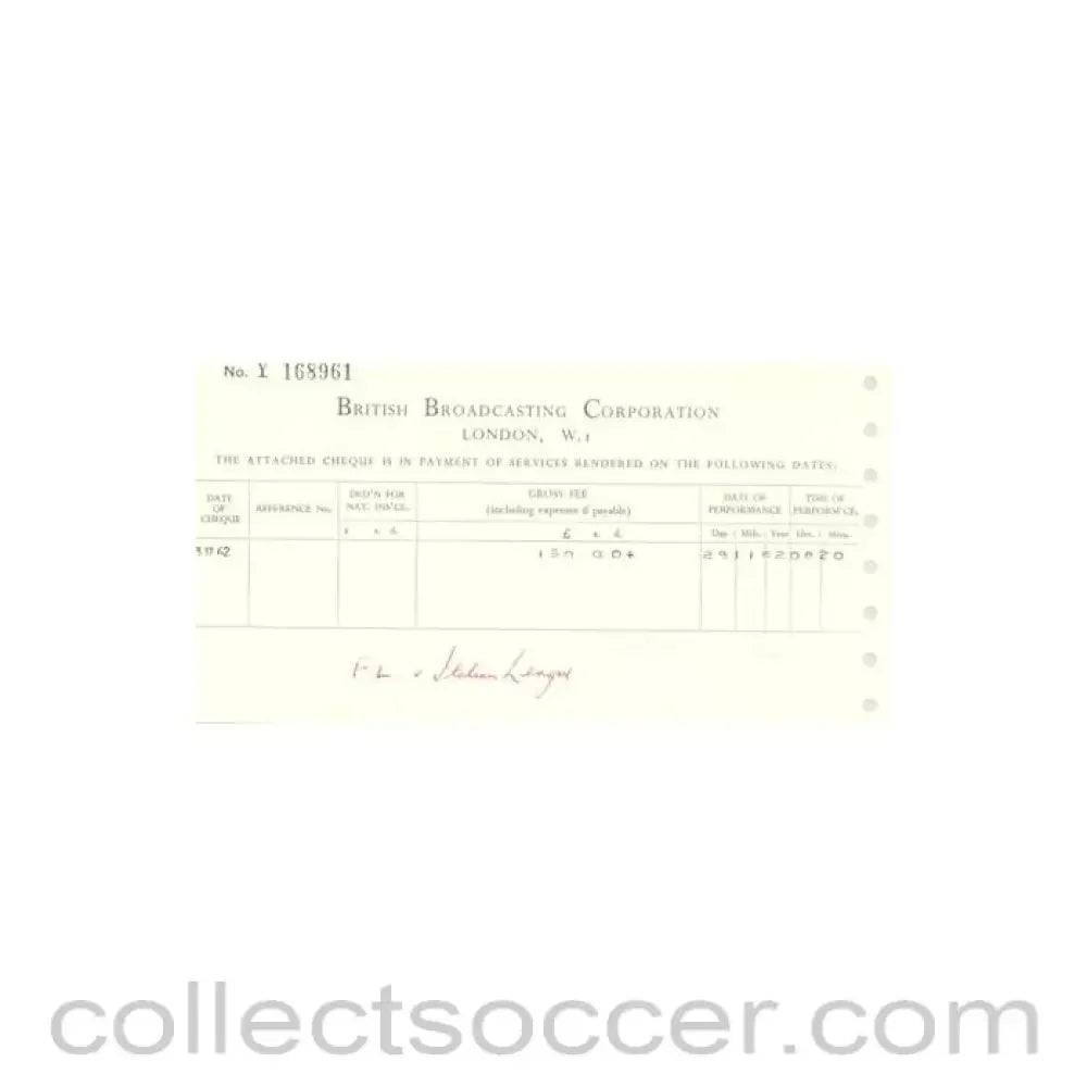 1962 - Cheque from BBC of 03/12/1962 about the football match The Football League v The Italian Football League on