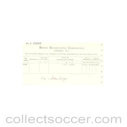 1962 - Cheque from BBC of 03/12/1962 about the football match The Football League v The Italian Football League on