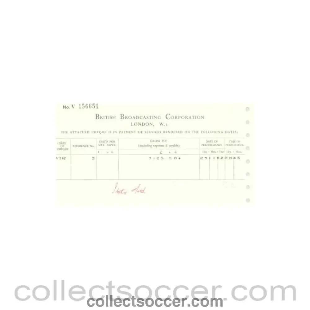 1962 - Cheque from BBC of 15/11/1962 about the football match The Football League v The Italian Football League on 29/11/1962 - Collect Soccer
