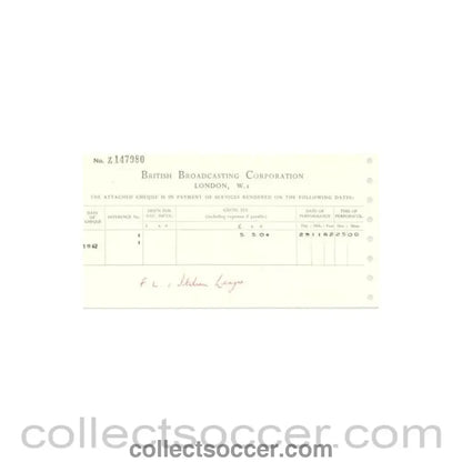 1962 - Cheque from BBC of 21/11/1962 about the football match The Football League v The Italian Football League on 29/11/1962 - Collect Soccer