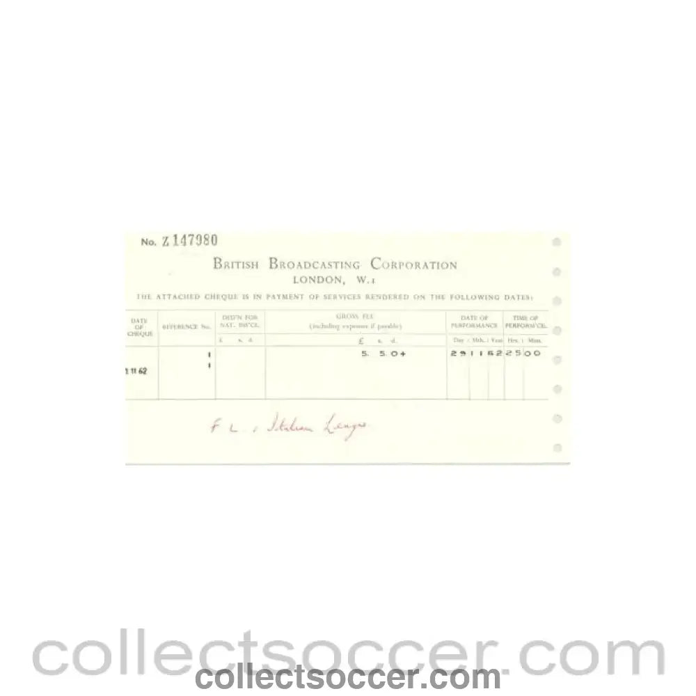 1962 - Cheque from BBC of 21/11/1962 about the football match The Football League v The Italian Football League on 29/11/1962 - Collect Soccer