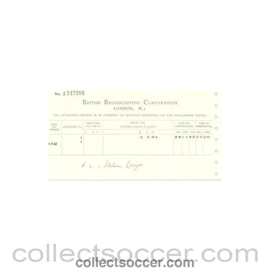 1962 - Cheque from BBC of 21/11/1962 about the football match The Football League v The Italian Football League on 29/11/1962 - Collect Soccer