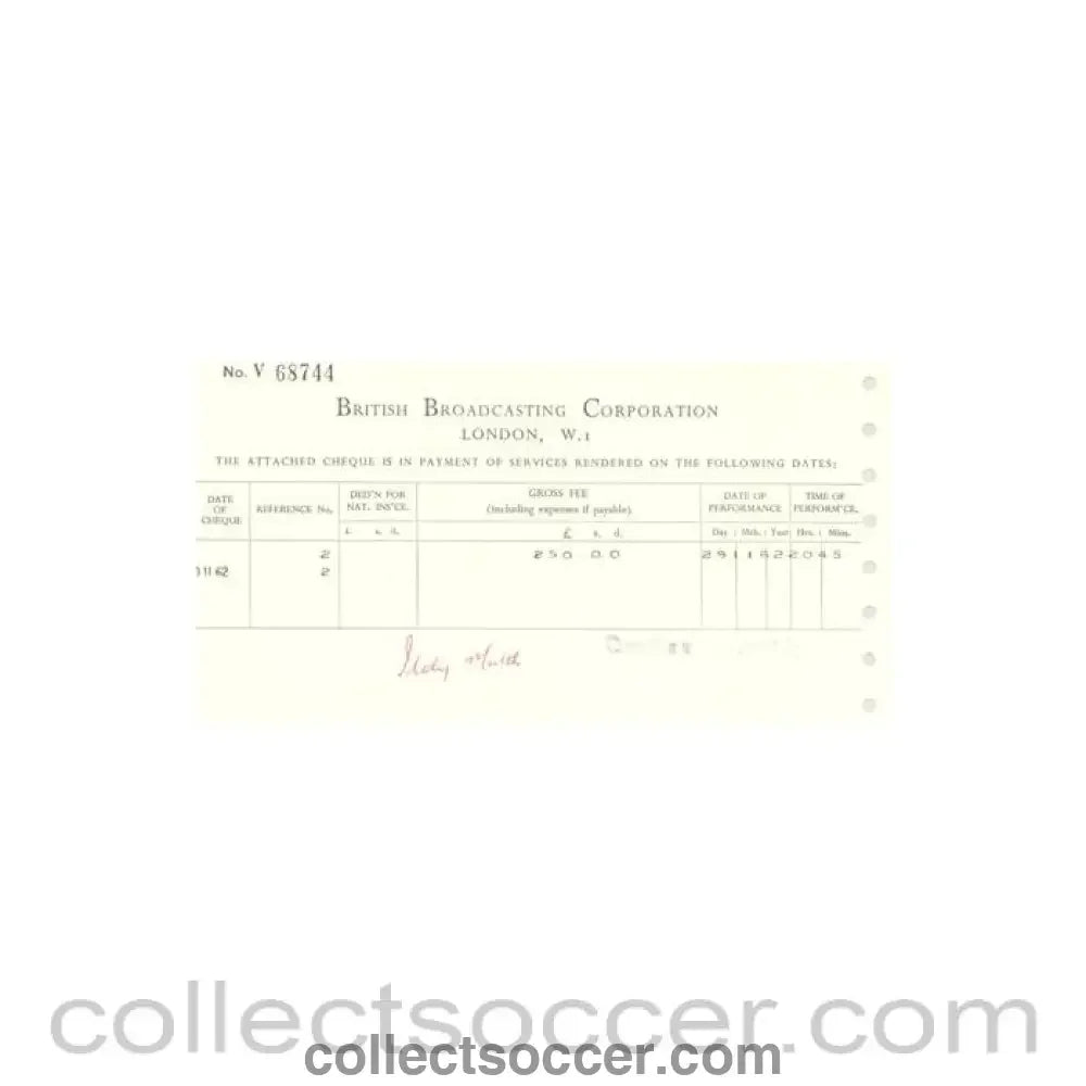 1962 - Cheque from BBC of 30/11/1962 about the football match The Football League v The Italian Football League on 29/11/1962 - Collect Soccer