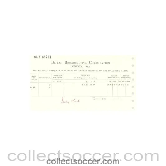 1962 - Cheque from BBC of 30/11/1962 about the football match The Football League v The Italian Football League on 29/11/1962 - Collect Soccer