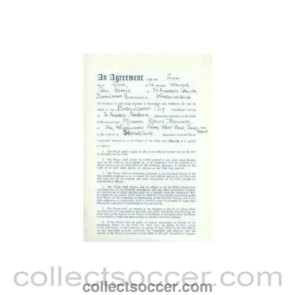 1962 - Contract For Hire of a Player between Birmingham City F.C. and Michael Edwin Bullock of 06/06/1962 - Collect Soccer