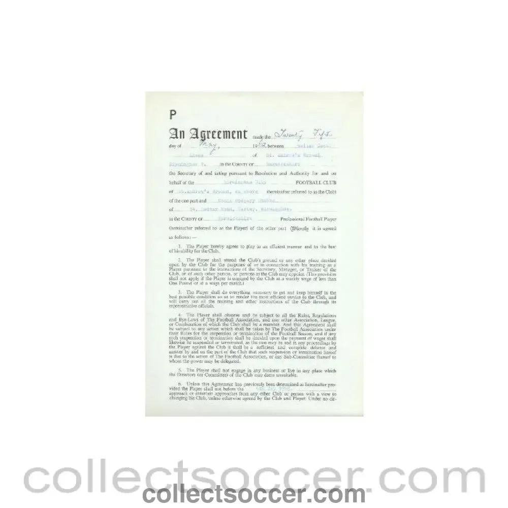 1962 - Contract For Hire of a Player between Birmingham City F.C. and Robin Gregory Stubbs of 21/05/1962 - Collect Soccer