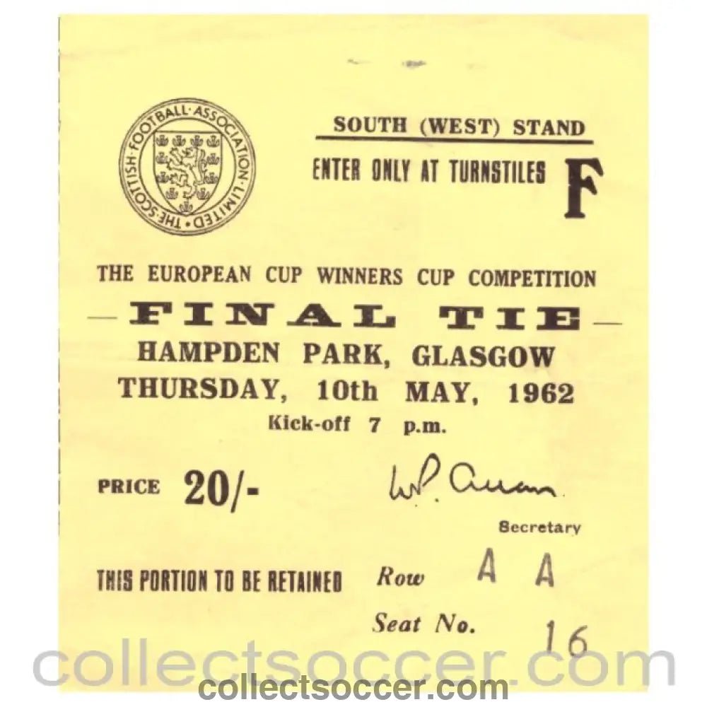 1962 Cup Winners Cup Final Football Ticket Atletico Madrid v Fiorentina - Collect Soccer