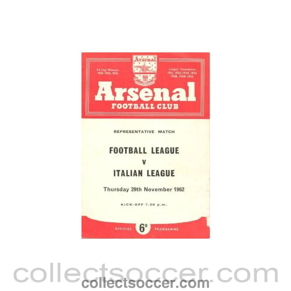 1962 - Football League v Italian League Representative Match at Arsenal 29/11/1962