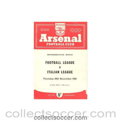1962 - Football League v Italian League Representative Match at Arsenal 29/11/1962