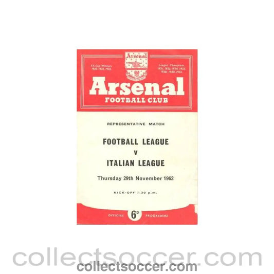 1962 - Football League v Italian League Representative Match at Arsenal 29/11/1962