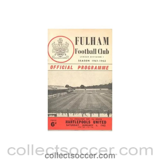 1962 - Fulham v Hartlepools United official programme 06/01/1962 - Collect Soccer