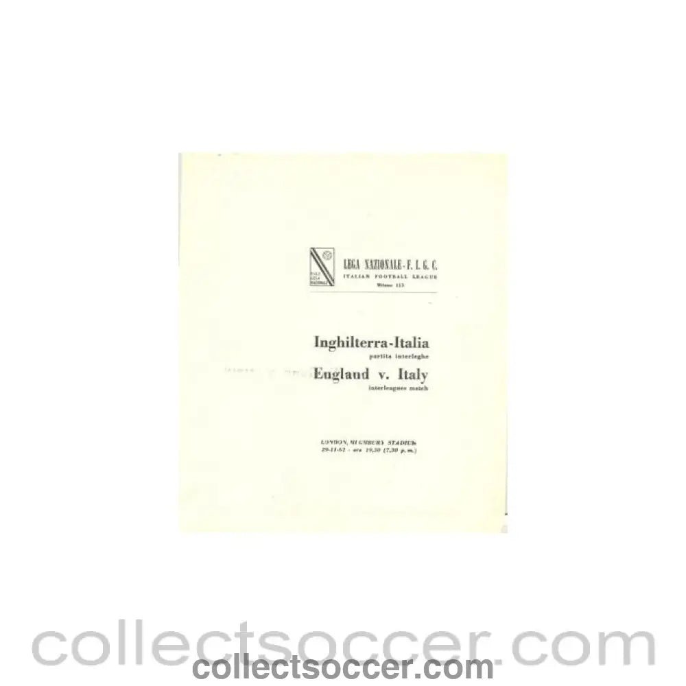 1962 - Full Information of The Italian League about the football match The Football League v The Italian Football League on 29/11/1962 - Collect Soccer