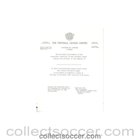1962 - Invitation of The Football League to companies about the football match The Football League v The Italian Football League on 29/11/1962 - Collect Soccer