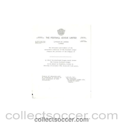 1962 - Invitation of The Football League to companies about the football match The Football League v The Italian Football League on 29/11/1962 - Collect Soccer