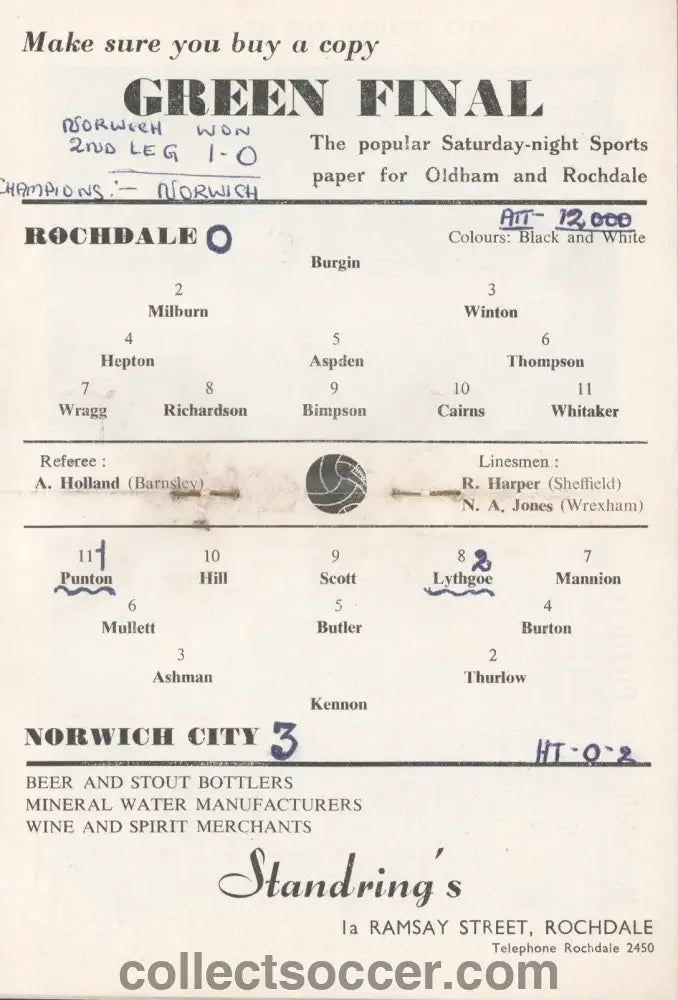 1962 League Cup Football Final First Leg Rochdale v Norwich City Programme - Collect Soccer