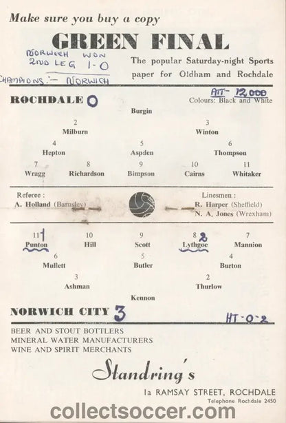 1962 League Cup Football Final First Leg Rochdale v Norwich City Programme - Collect Soccer