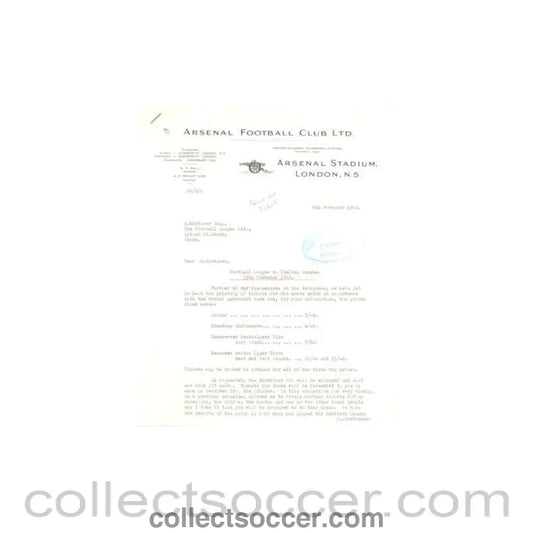 1962 - Letter from Arsenal Stadium originally signed by the Secretary of 06/11/1962 to Alan Hardaker of The Football