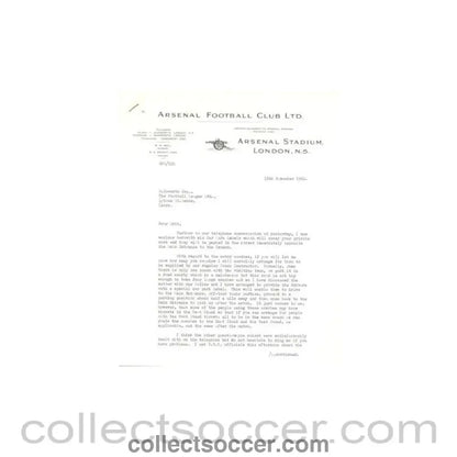 1962 - Letter from Arsenal Stadium originally signed by the Secretary of 13/11/1962