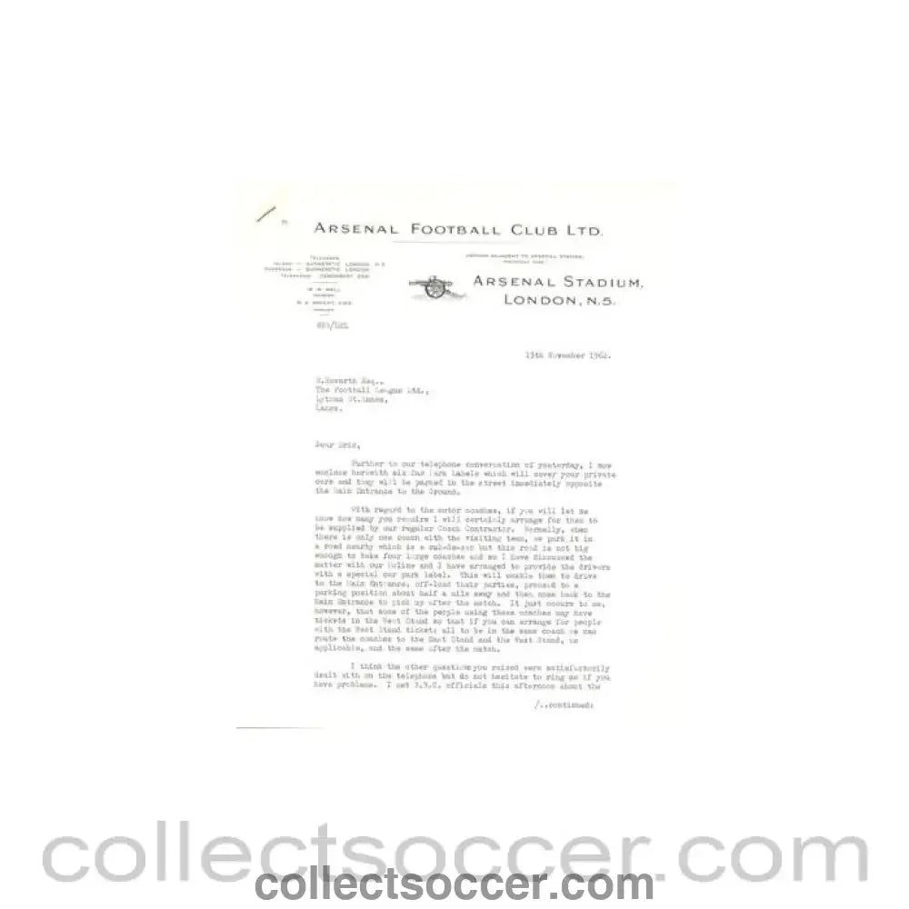1962 - Letter from Arsenal Stadium originally signed by the Secretary of 13/11/1962