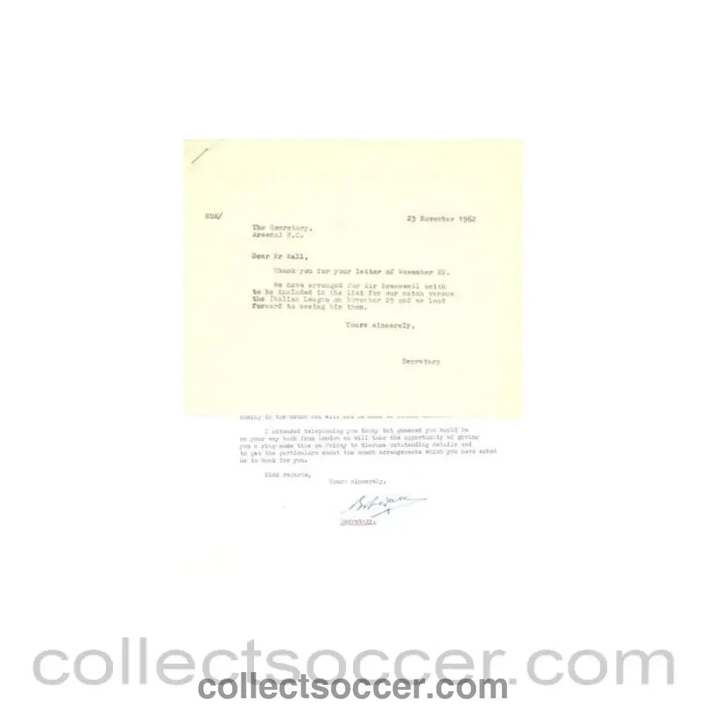 1962 - Letter from Arsenal Stadium, originally signed by the Secretary, of 22/11/1962 - Collect Soccer