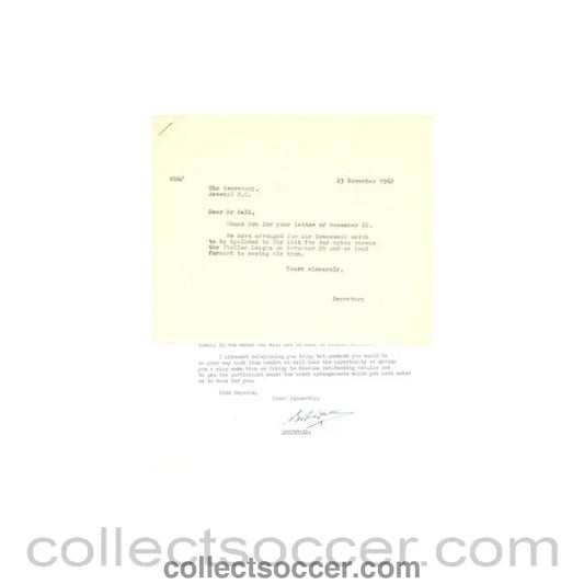 1962 - Letter from Arsenal Stadium originally signed by the Secretary of 22/11/1962