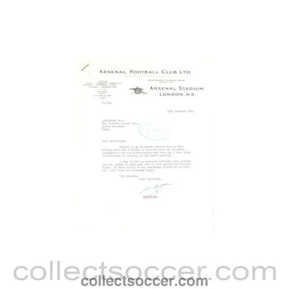 1962 - Letter from Arsenal Stadium originally signed by the Secretary of 23/11/1962