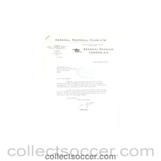 1962 - Letter from Arsenal Stadium originally signed by the Secretary of 23/11/1962