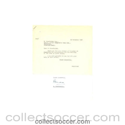 1962 - Letter from B. Greatbatch Josiah Wedgwood & Sons Ltd. originally signed of 22/11/1962 to Alan Hardaker Secretary
