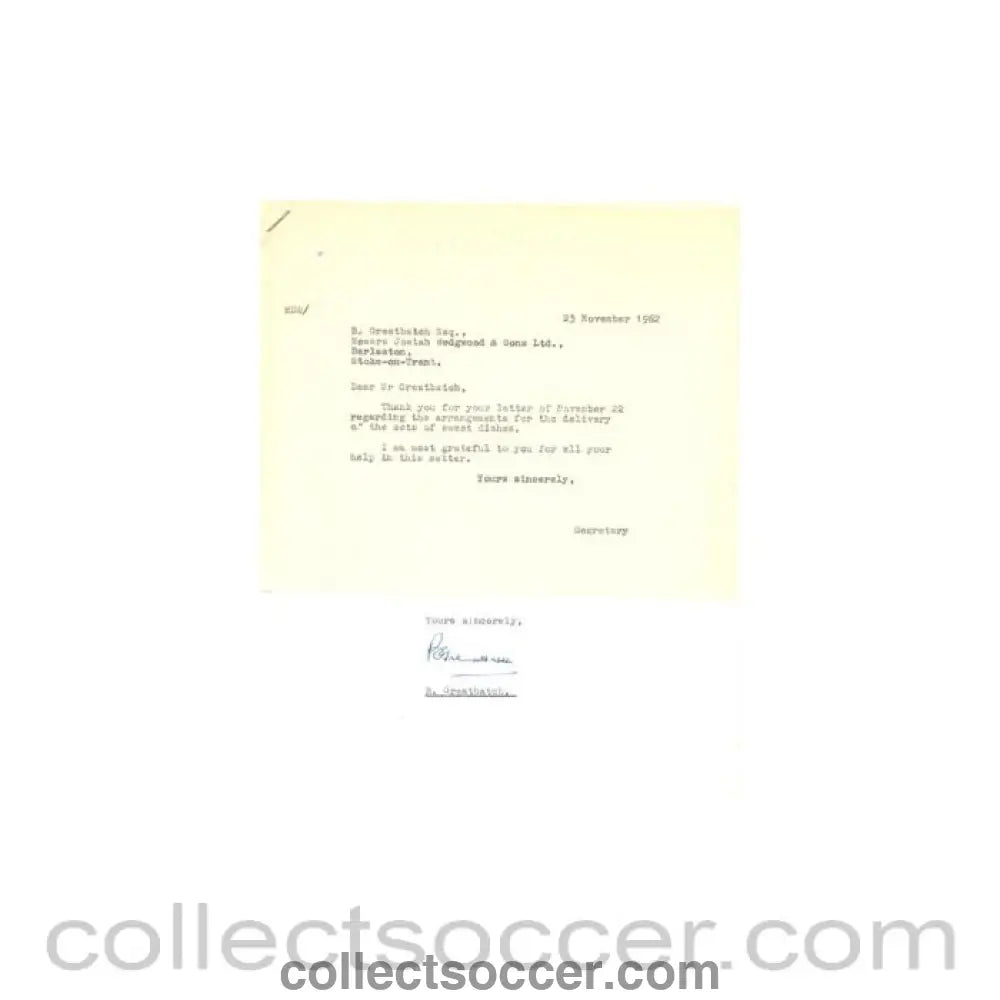 1962 - Letter from B. Greatbatch Josiah Wedgwood & Sons Ltd. originally signed of 22/11/1962 to Alan Hardaker Secretary